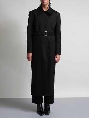 Long Black Belted Trench Coat - Women's